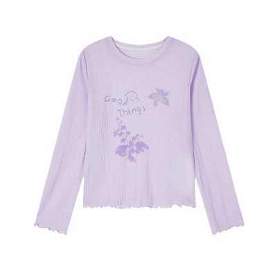 飞鸟和新酒紫色印花长袖T恤女2025秋季新款肌理感显瘦文艺上衣