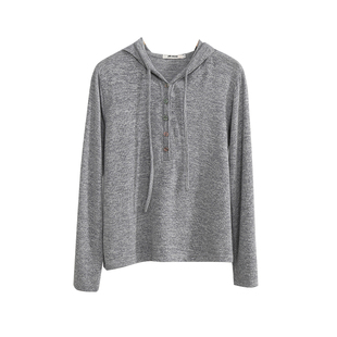 元气轻活风彩纱连帽纽扣针织衫女长袖t恤洋气百搭显瘦打底衫上衣