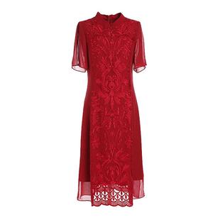 乔万尼商场新款夏红装复古刺绣宴会礼服真丝桑蚕丝连衣裙女中长款