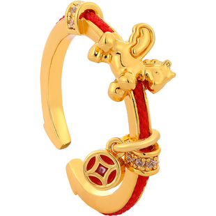 马年红绳小马钱币开口戒指女轻奢高级感马上有钱花食指戒红色指环