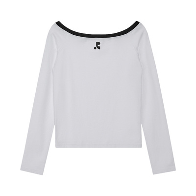 RR复古拼色印花一字肩长袖T恤