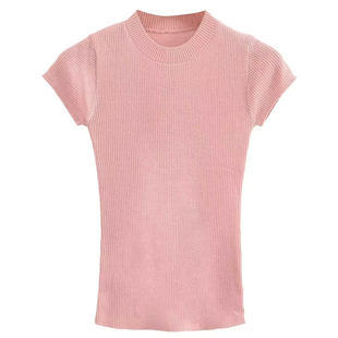 复古简约纯色柔软轻薄内搭弹力修身型小圆领螺纹针织短袖T恤上衣