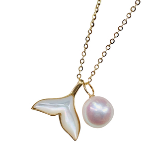 极光天女日本akoya海水珍珠吊坠项链18k金海豚美人鱼尾巴正圆无瑕