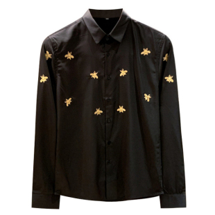 欧洲站轻奢时尚高级白衬衫男秋冬潮流小蜜蜂刺绣修身衬衣男款长袖