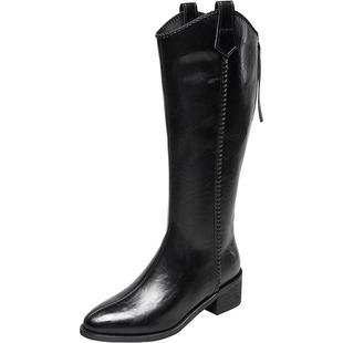 意尔康女鞋2025冬季法式长靴骑士靴长筒不过膝粗跟高筒靴迪木尔风