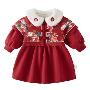 拜年服女童国风连衣裙宝宝红色裙子周岁儿童唐装加绒小童过年衣服