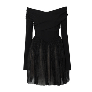 DPLAY【小黑裙系列】2025年冬季黑色短裙长袖晚礼服一字肩连衣裙