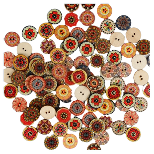 复古彩绘 纽扣手工diy衣服彩色木扣圆形两孔木质扣子15/20/25mm