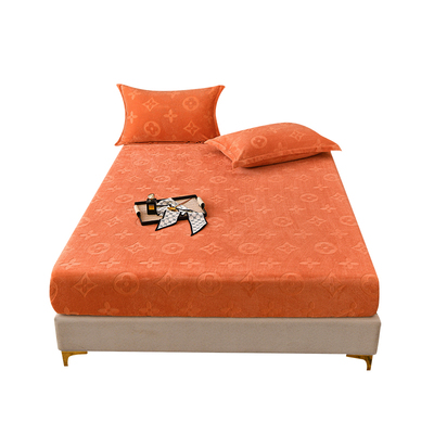 爱马橙橘色四叶草牛奶绒床笠