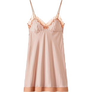 曼妮芬春夏雪纺缎性感睡裙女士细肩带印花条纹可外穿家居服吊裙