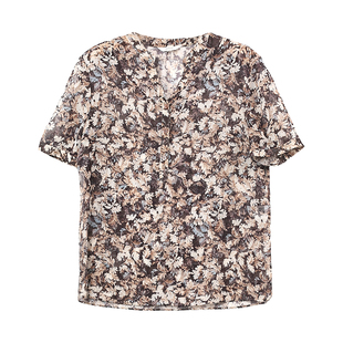 HONRN/红人休闲短袖修身小众设计感印花衬衫上衣女夏款HH22SY831