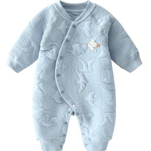 婴蓓依0-3个月新生儿保暖连体衣初生婴儿秋冬和尚服护肚哈衣