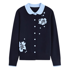 通勤风娃娃领花朵刺绣针织开衫女秋冬时尚保暖显瘦洋气毛衣外套