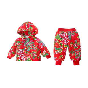 女童东北大花棉衣套装2025新款儿童冬装加厚过年喜庆宝宝装保暖潮