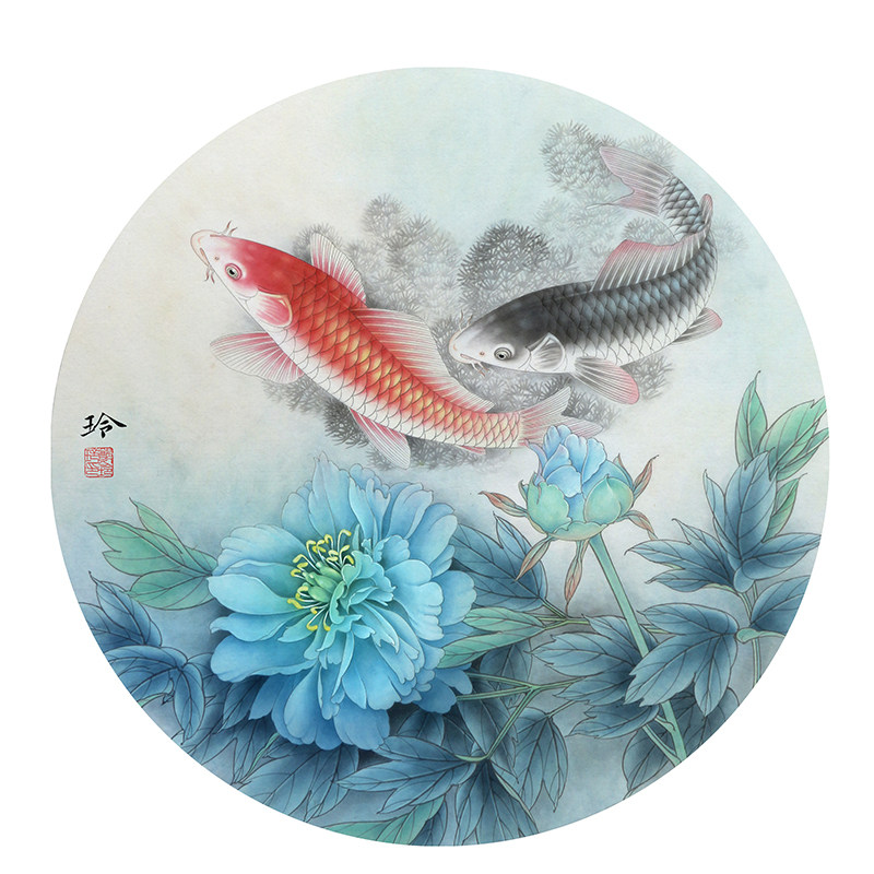 国画底稿牡丹上色圆形花鸟临摹