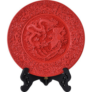 扬州漆器中国风龙凤呈祥红盘子家居摆件剔红雕漆喜庆新娘结婚礼物
