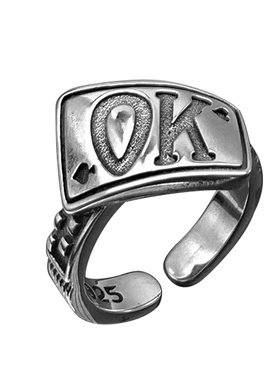 925纯银扑克OK黑桃字母NO戒指