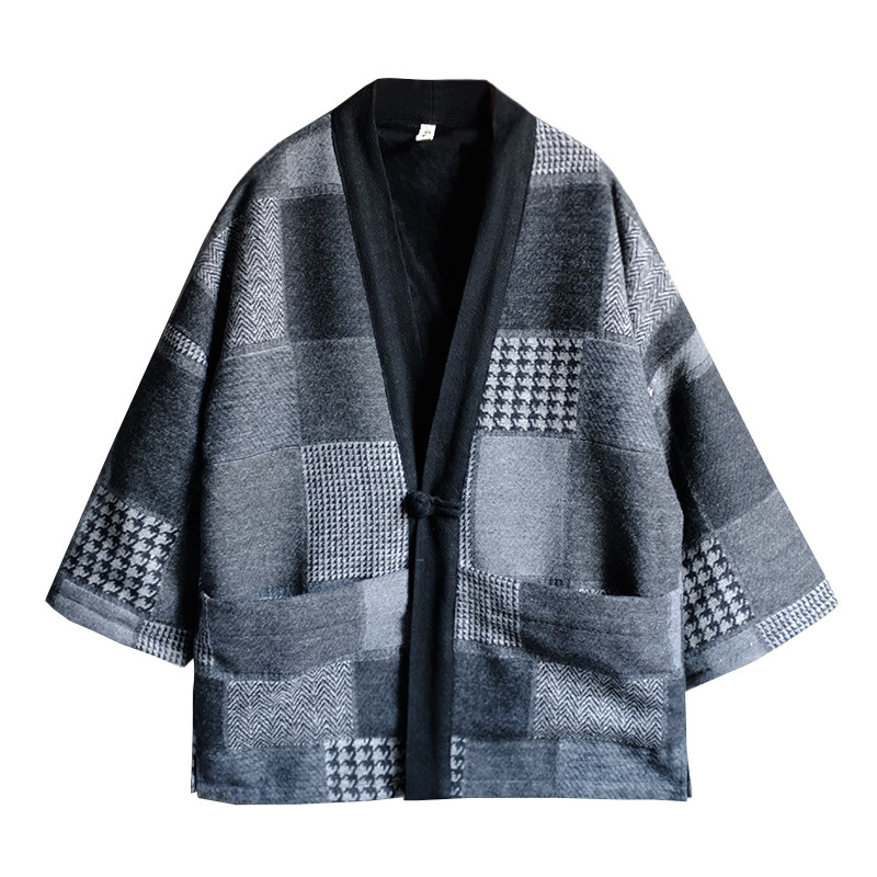 原创毛呢格子外套男汉服中式复古风文艺落肩休闲短款道袍呢子大衣