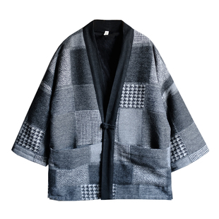 原创毛呢格子外套男汉服中式复古风文艺落肩休闲短款道袍呢子大衣