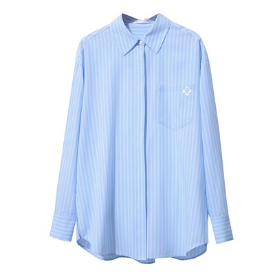 宽松休闲翻领落肩袖条纹刺绣衬衫