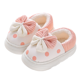儿童棉鞋女童冬季包跟皮面防水公主时尚室内居家棉拖女孩保暖防滑