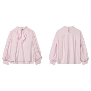 PIT法式粉色立领领结长袖衬衫雪纺衫女2025春千金风减龄上衣