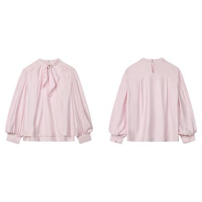 PIT法式粉色立领领结长袖衬衫雪纺衫女2025秋千金风减龄上衣