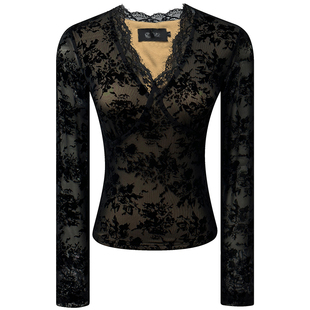 假透肉植绒提花蕾丝上衣女冬新款加绒加厚V领长袖修身内搭打底衫