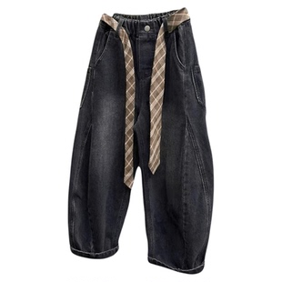 含腰带弯刀裤男女童街舞春秋款儿童休闲长裤中大童痞帅潮流牛仔裤