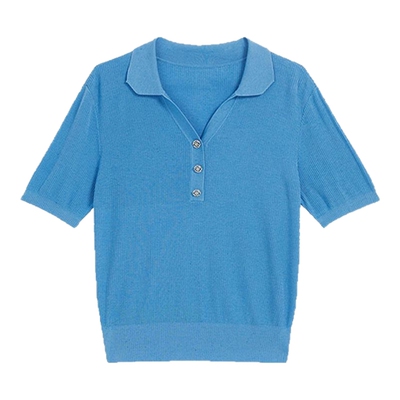 YINER音儿女装夏季穿搭100桑蚕丝时尚海鸥领纯色针织衫套头上衣女