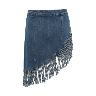 麦叙《岚野》复古不规则流苏牛仔短裙半身裙女春夏高腰a字裙裤