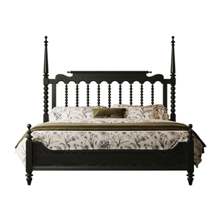 时余伊梵法式实木床复古温莎床美式高柱中古风床主卧黑色古典婚床
