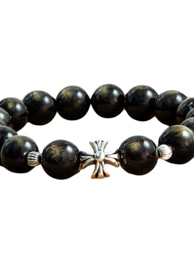 天然黑曜石小众潮流十字架手串男