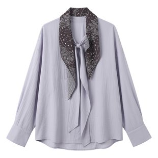 妮彩流行胖MM百搭显瘦气质淡紫色宽松(可脱卸丝巾)长袖衬衫女装衬