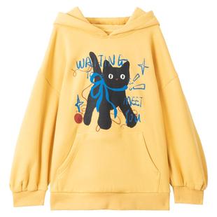 KEIKO [加密绒] 甜酷风明黄色连帽卫衣早春美式萌猫印花加厚外套