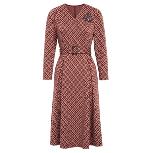 马天奴2025秋冬新款橘色印花V领收腰连衣裙子立体花朵气质时尚女