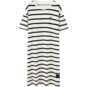 马克公主纯棉睡裙夏季短袖女2025新款中长款过膝连衣裙条纹家居裙