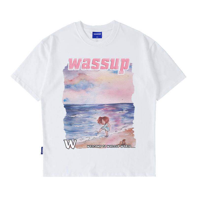 WASSUP粉色沙滩联名情侣短袖T恤