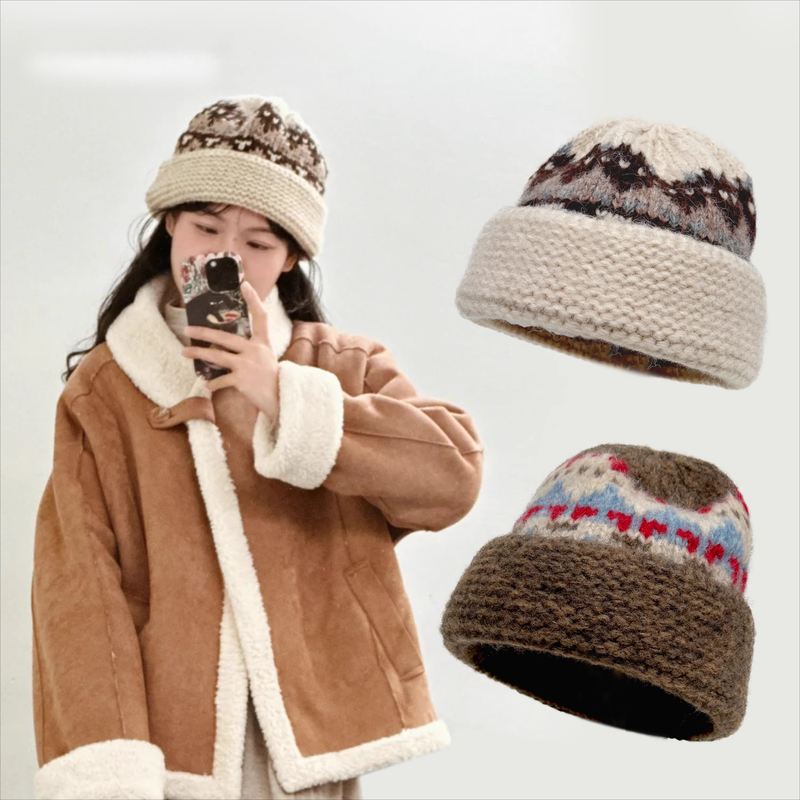 粗线提花针织毛线帽子女冬加厚保暖护耳费尔岛风大头围显脸小冷帽