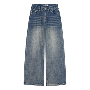 BTSG 美式巴黎扣设计口袋星星印花牛仔裤baggy版型宽松阔腿裤子男