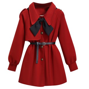 2025本命年红色小香风毛呢外套女春秋冬季新款夹棉加厚中长款大衣