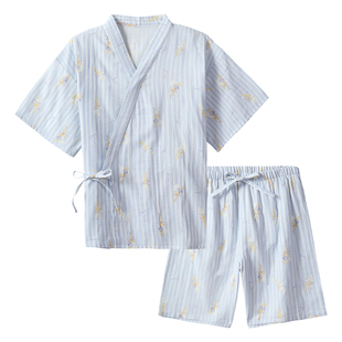 tutuanna全棉睡衣女夏 双层纱竖条纹满印短袖甚平睡裙家居服套装