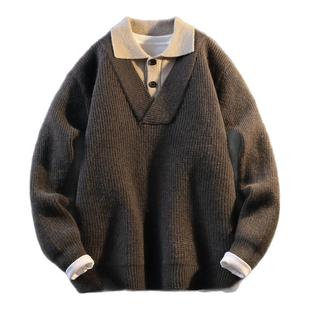啄木鸟假两件混纺毛衣男2025新款秋冬季衬衫领肌理感针织衫毛衫潮