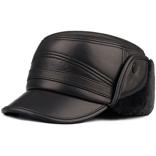老人皮帽子真皮中老年人平顶帽子男士冬天保暖护耳雷锋帽老头棉帽