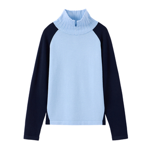 云上生活【盐茶】拼色插肩袖高V领毛衣2025冬季保暖针织衫上衣女