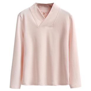 小立领护颈棉质条纹T恤女中式V领长袖打底衫