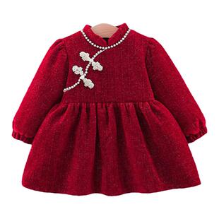 周岁女宝礼服婴幼儿加绒旗袍裙子红色拜年服公主裙加厚女童连衣裙