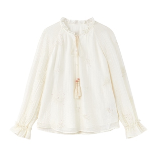 秋水伊人国风绣花衬衫女 2026春新款荷叶边V领百搭优雅气质上衣