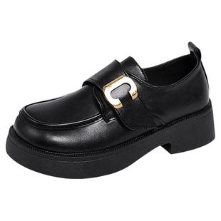 真皮厚底乐福鞋女春季皮面防水黑色小皮鞋魔术贴百搭软底通勤单鞋