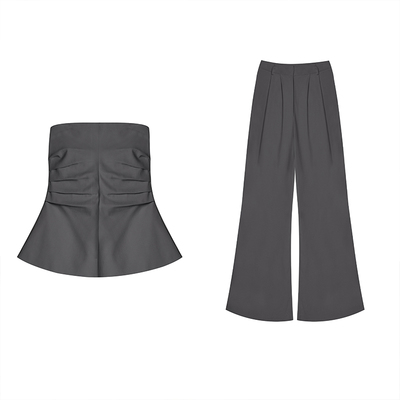 显瘦露肩抹胸上衣高腰阔腿裤套装